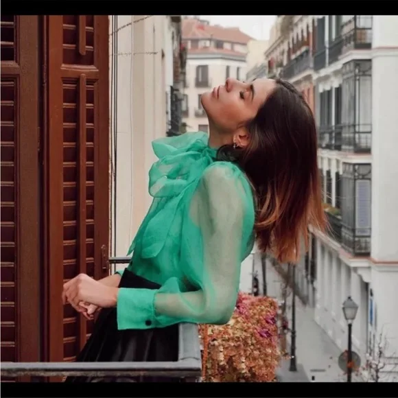 Zara green sheet organza blouse pussy bow dramatic chic S - Picture 6 of 12